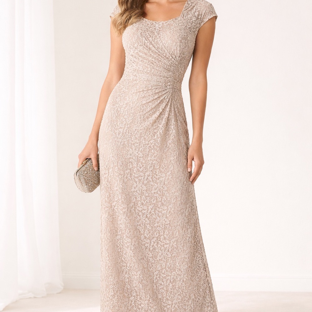 Tahari Lace Cap-Sleeve Maxi Dress in Nude Blush